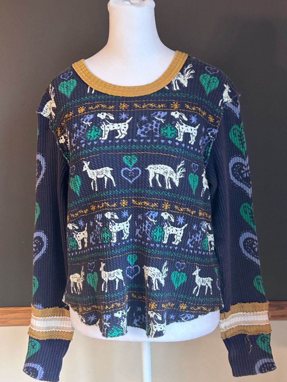 NWT $68 WE THE FREE FREE PEOPLE  BLISSFUL LAYERING TEE TOP WAFFLE NAVY PRINT XS - Picture 4 of 13